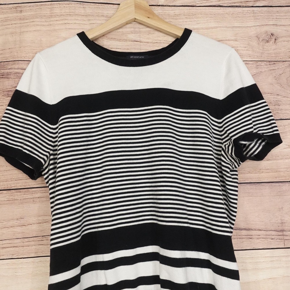 Lands' End T-Shirt Womens L Black White Striped Crew Neck Short Sleeve Knit Top - Picture 2 of 7